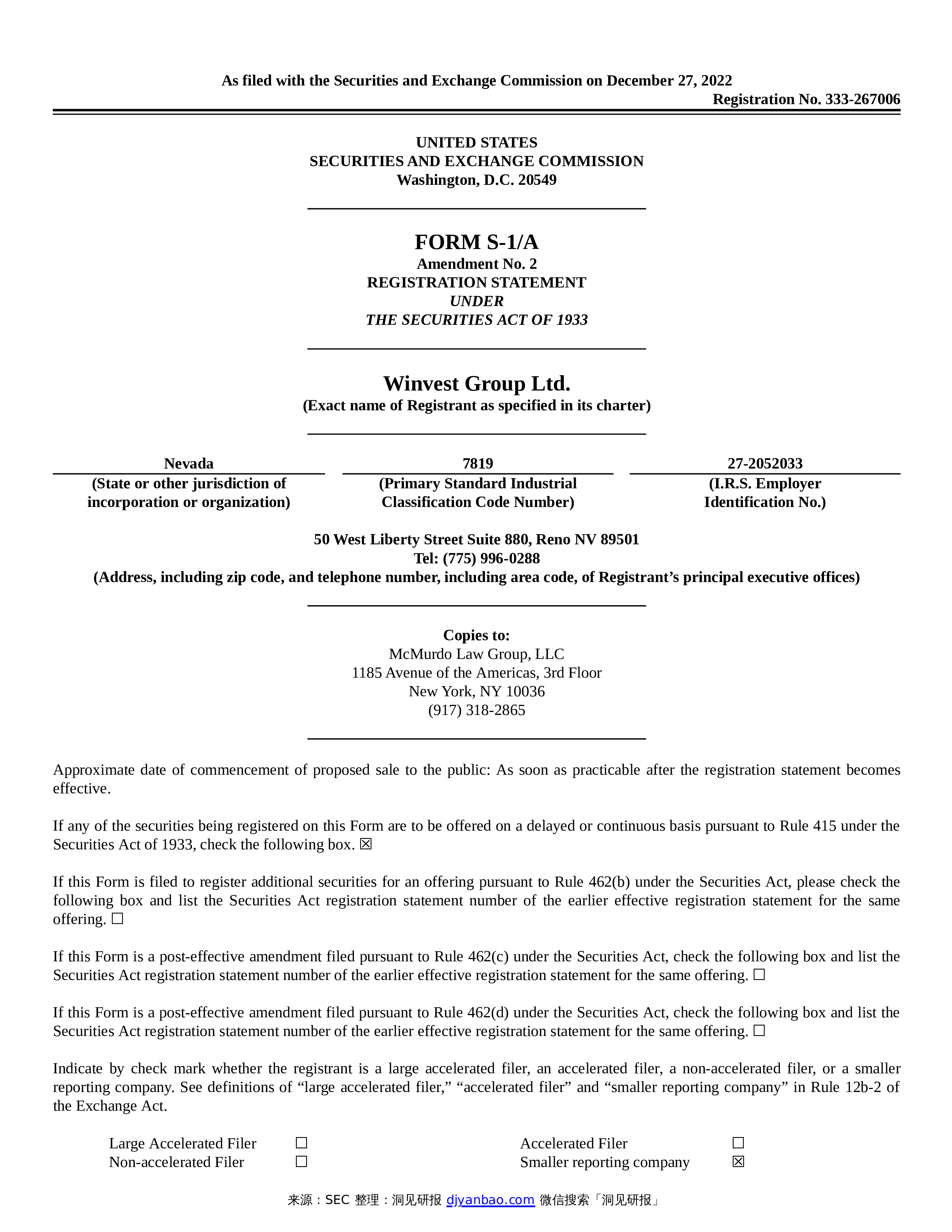 Form S 1 A Winvest Group Ltd Form s 1 a winvest group ltd