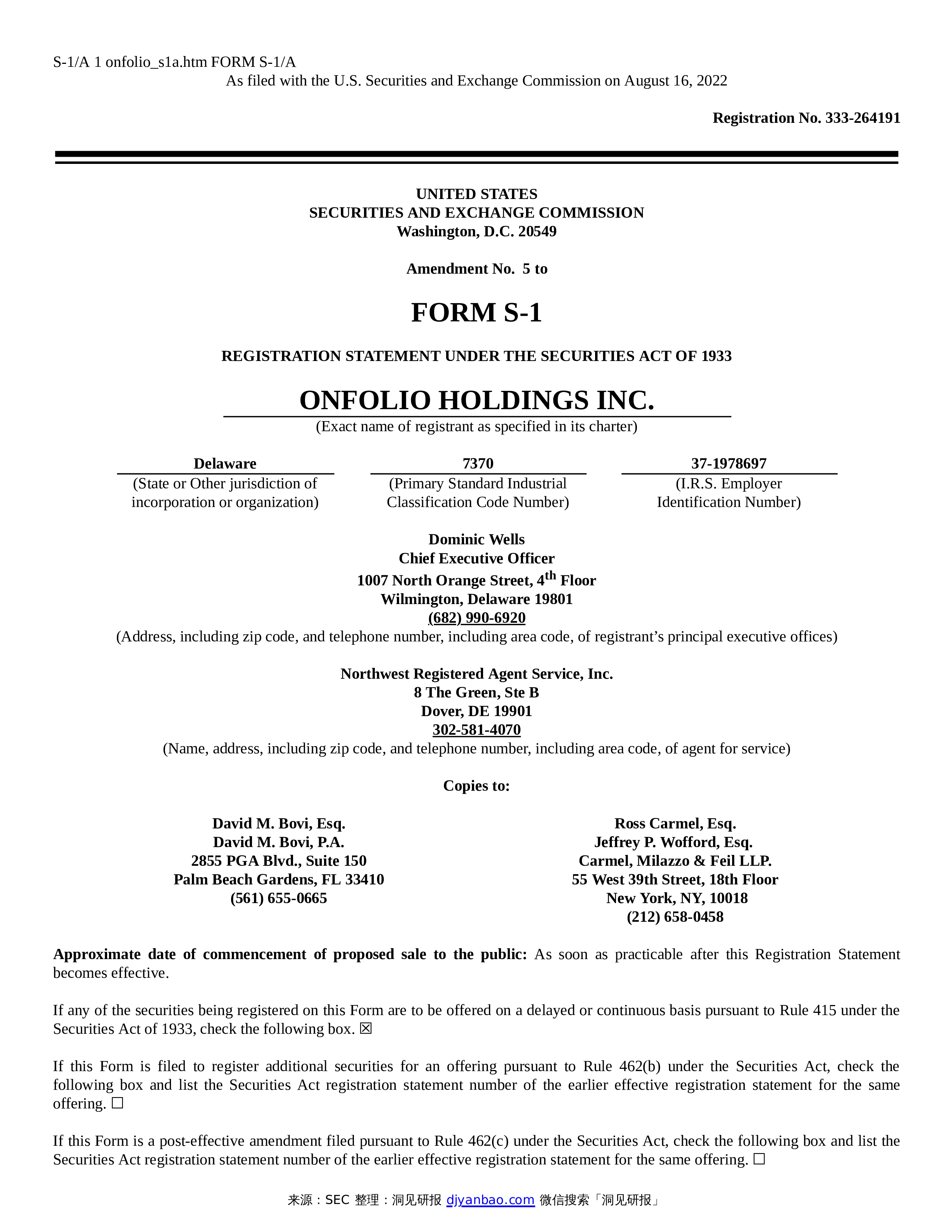 Form S1 A Onfolio Holdings, Inc 洞见研报行业报告