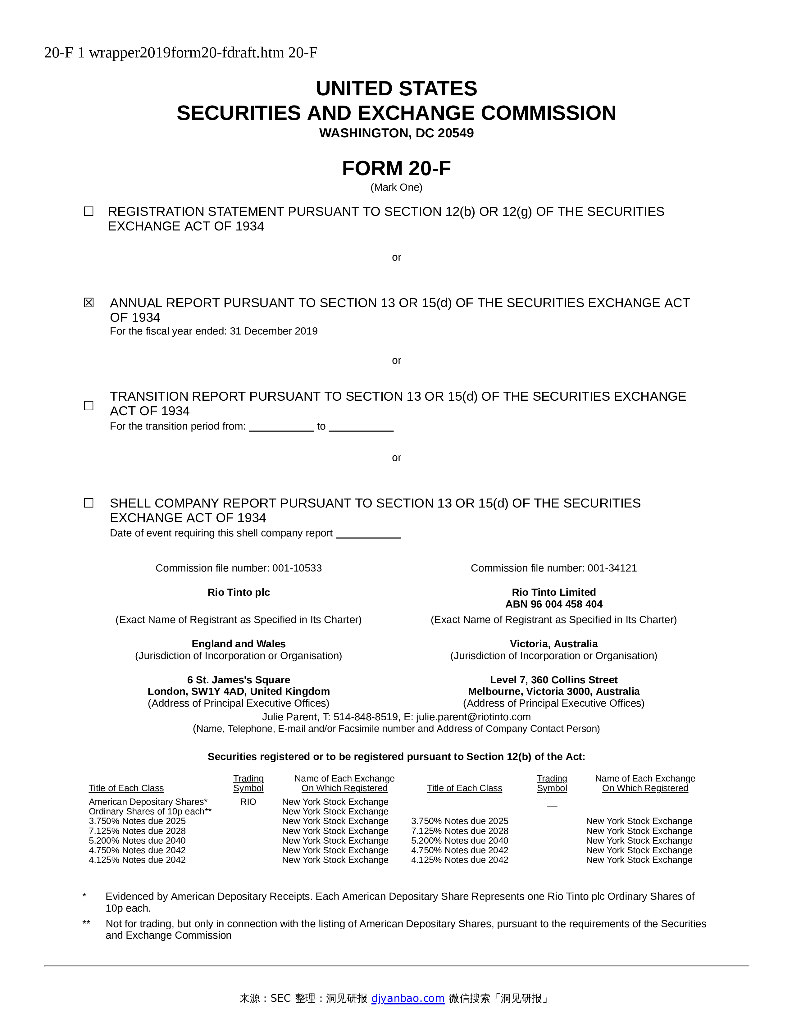 Form 20-F RIO TINTO PLC -洞见研报-行业报告