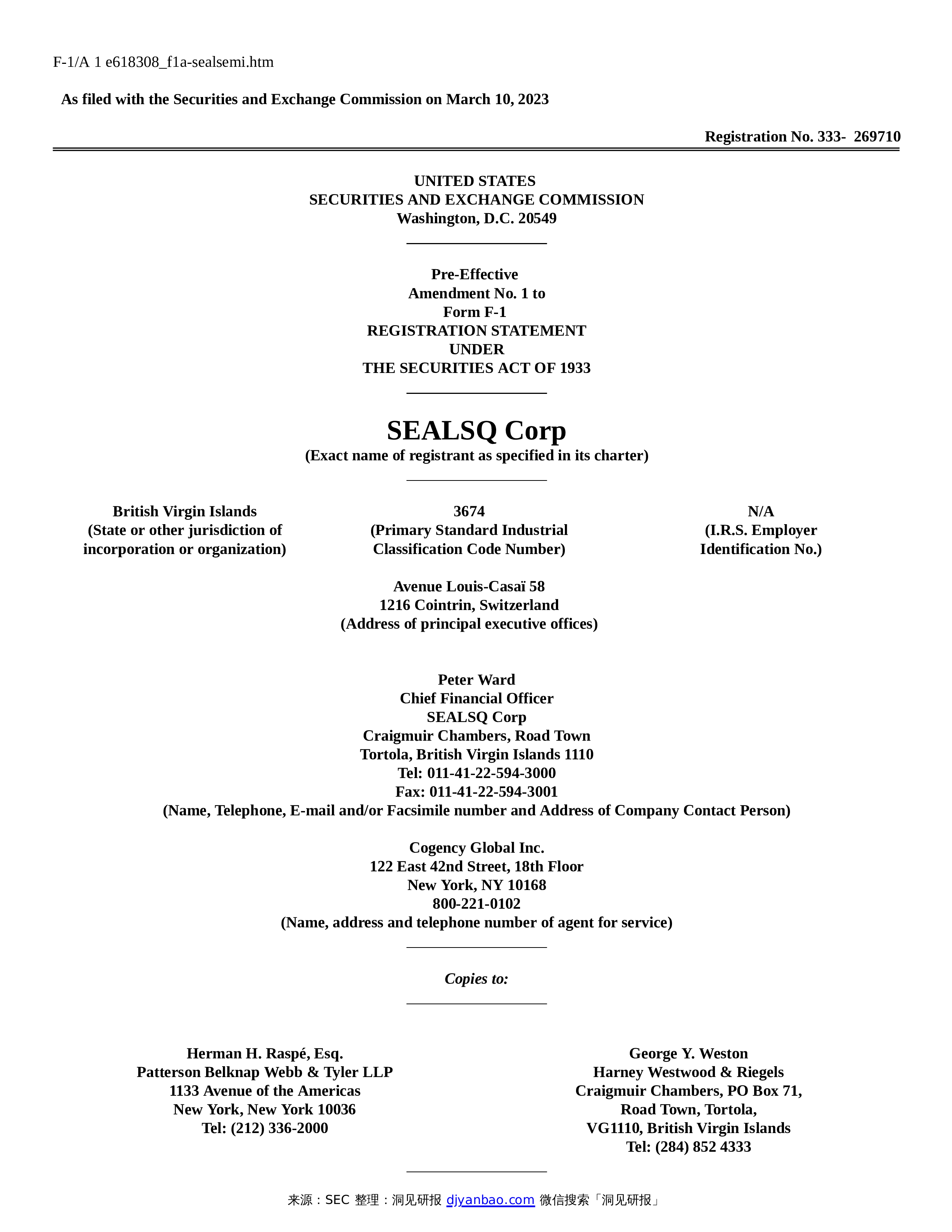 Form F1 A SEALSQ Corp 洞见研报行业报告