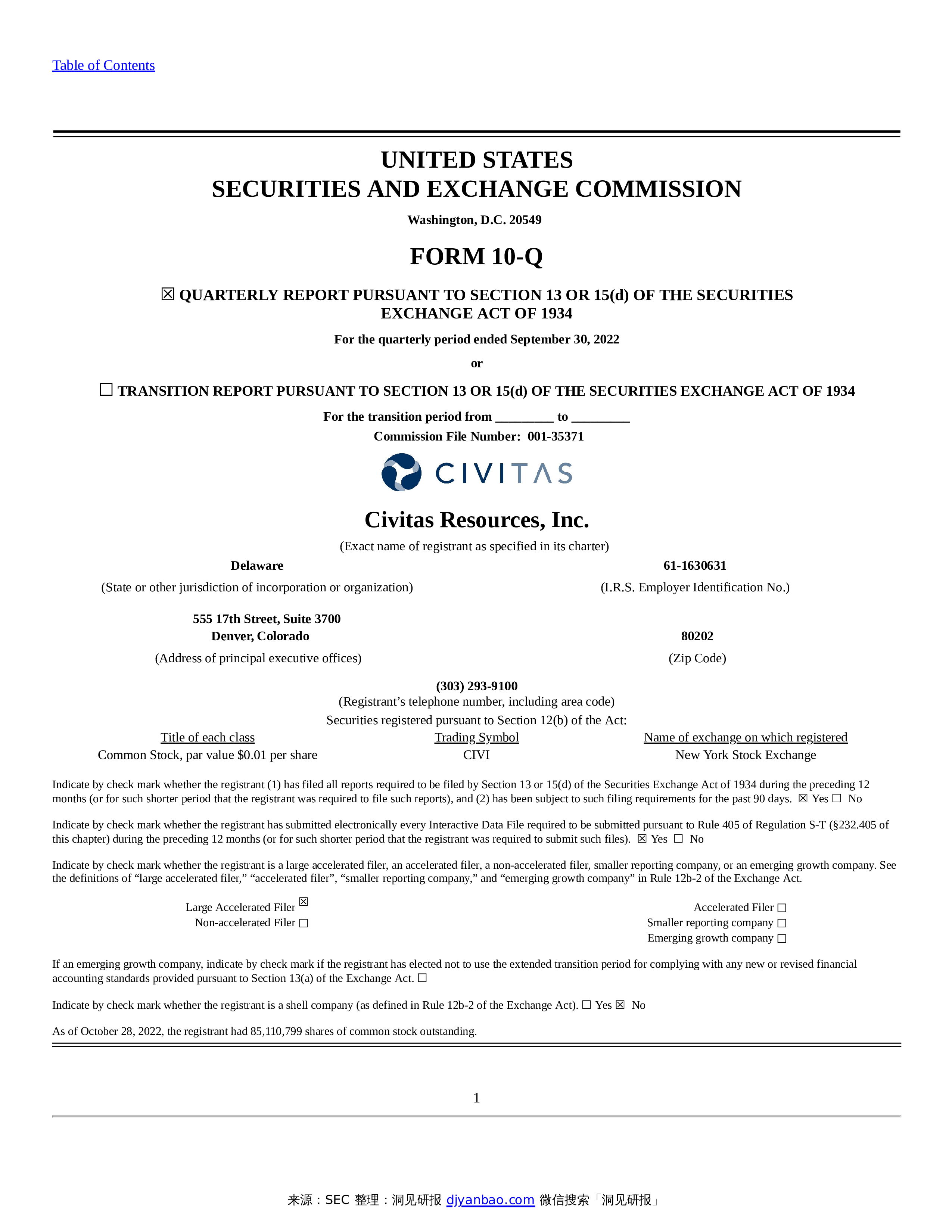 Form 10 Q CIVITAS RESOURCES INC 