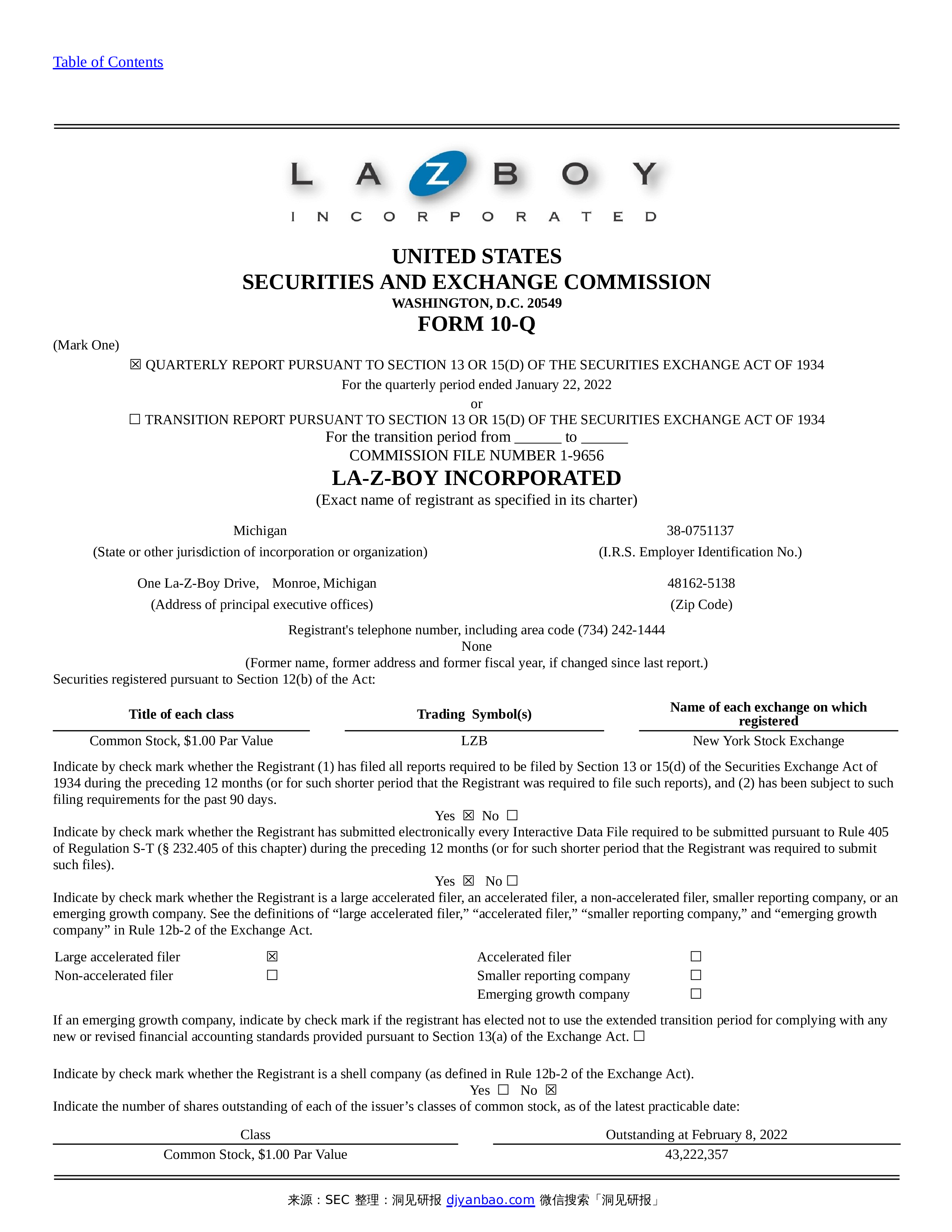 Form 10Q LAZBOY INC 洞见研报行业报告
