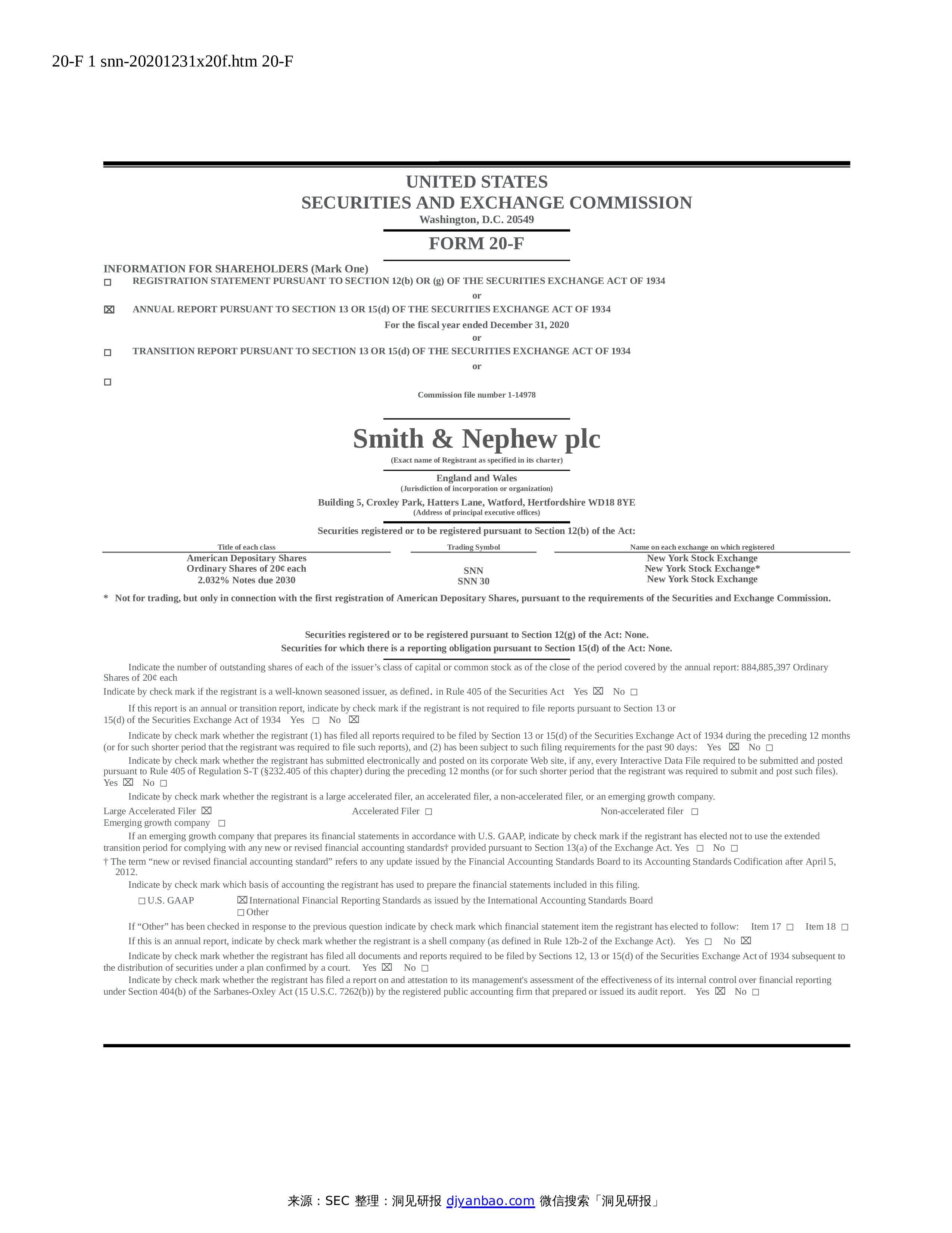 Form 20-F SMITH & NEPHEW PLC -洞见研报-行业报告