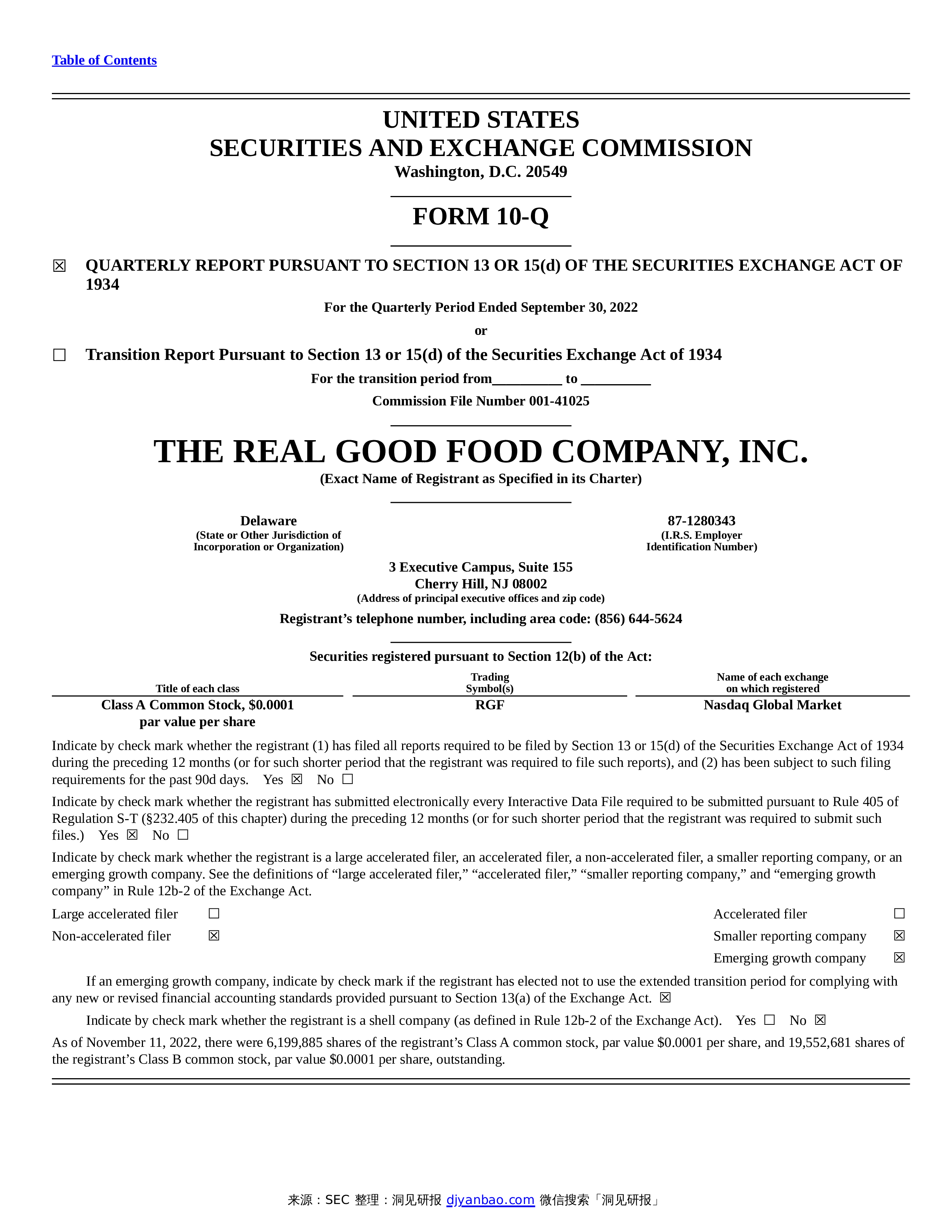 【SEC】Form 10Q Real Good Food Company, Inc.